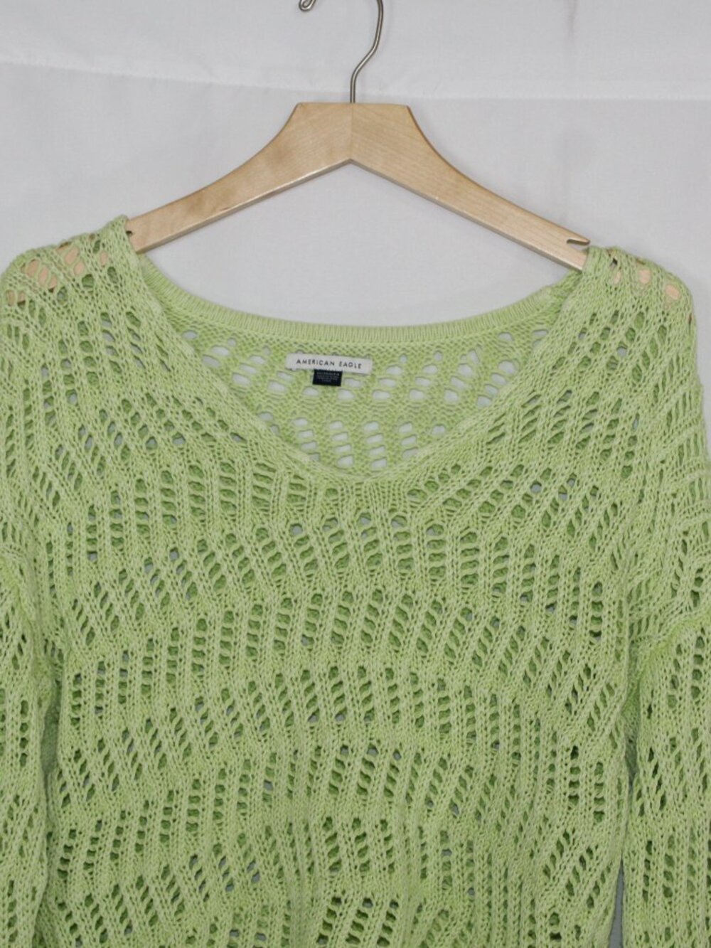 American Eagle light green crochet sweater bell sleeve beach surf pullover vneck - Picture 5 of 15